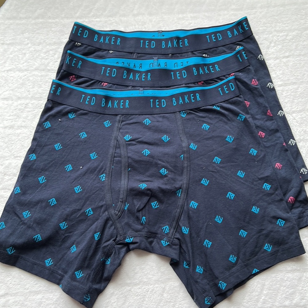 (3) Ted Baker Cotton Stretch Boxer Briefs- Navy Logo Print